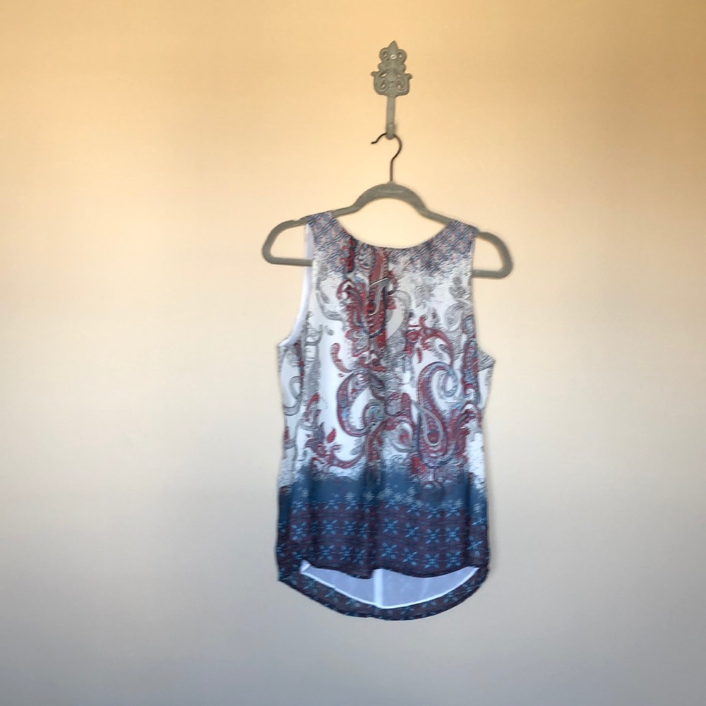 Blue and red paisley sleeveless blouse